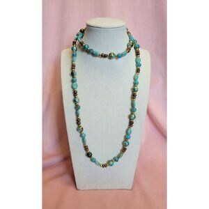 Turquoise Color Brown Oval Round Plastic Long Beaded Costume Necklace N1F